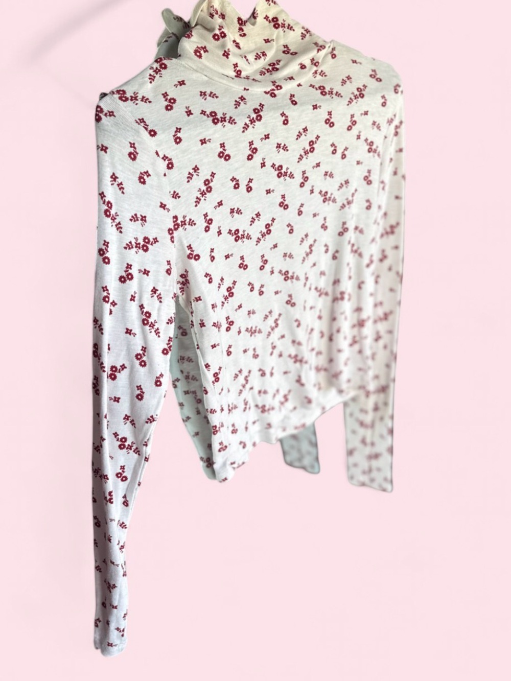 Cream Turtleneck Long-Sleeve Top with Red Floral Print